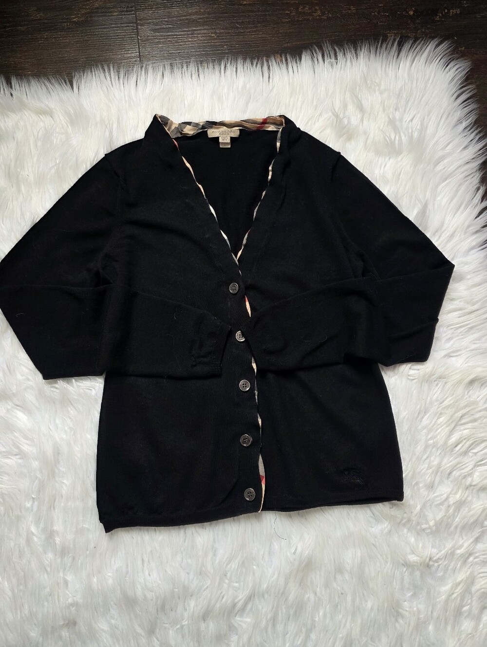 Burberry Black V-Neck Button Front Cardigan with Check Trim